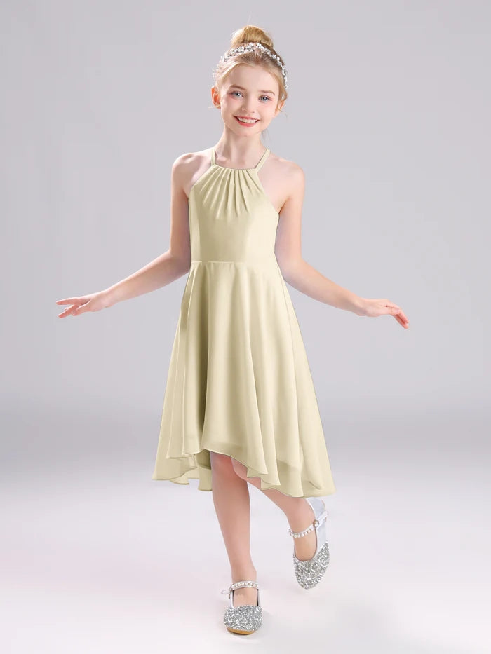Girls Birthday Dresses Halter Spaghetti Straps Chiffon Asymmetrical Knee-Length Junior Bridesmaid Dress/Party Dresses With Pleated Gidiondress