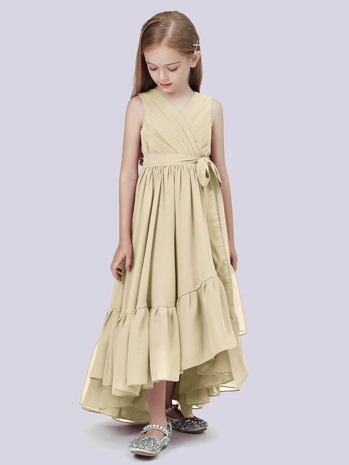 Asymmetrical Chiffon Junior Bridesmaid Dress/Girls Birthday Dresses With Pleated/Belt/Ruffled Gidiondress