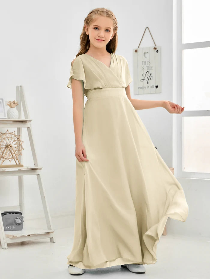 A-line V-Neck Floor-Length Chiffon Junior Bridesmaid Dress Gidiondress