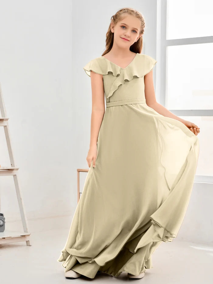 Floor-Length Chiffon Asymmetrical Junior Bridesmaid Dress/Girls Dress Gidiondress