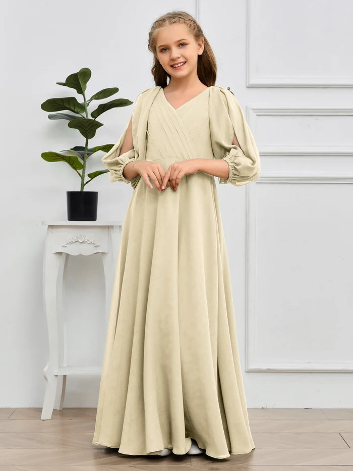 A-line V-Neck Floor-Length Chiffon Junior Bridesmaid Dresses Gidiondress