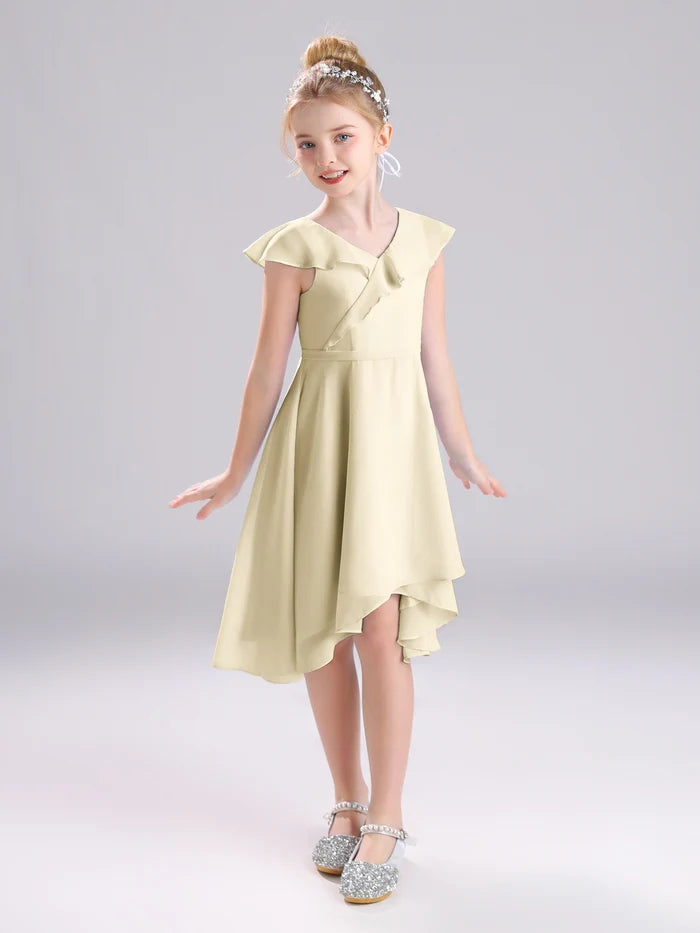Girls Birthday Dresses V-Neck Cape Chiffon Asymmetrical Junior Bridesmaid Dress/Party Dresses With Belt Girls Gidiondress