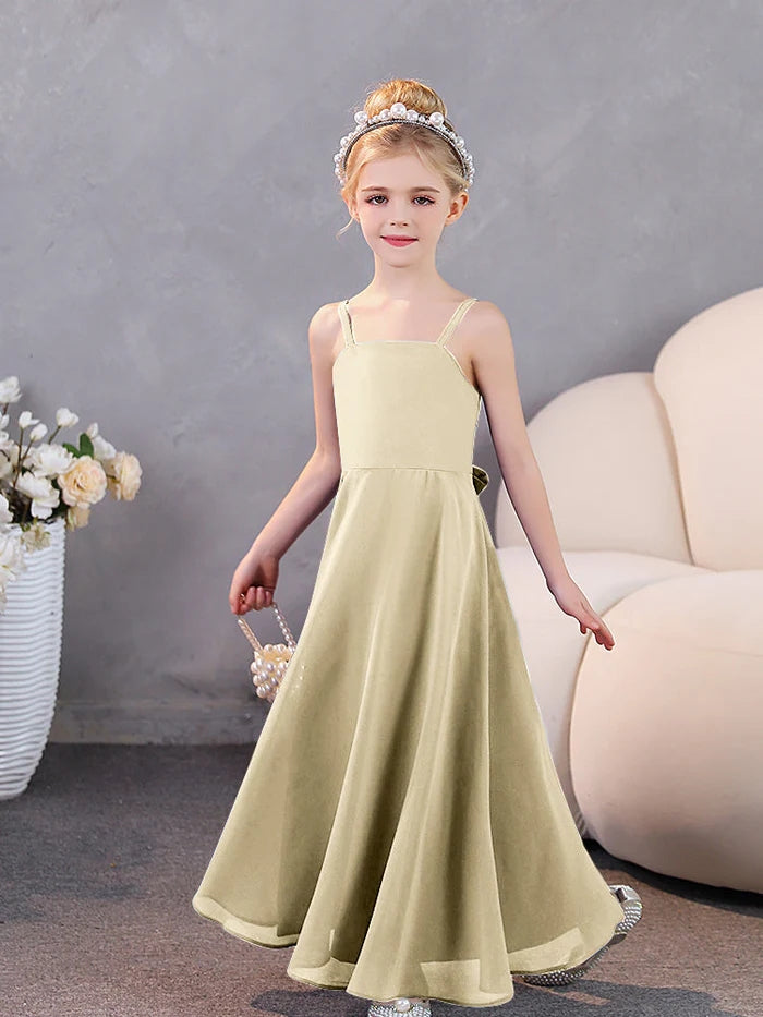Girls Dresses Simple Square Neck Spaghetti Straps Chiffon Floor-Length Junior Bridesmaid Dress Gidiondress