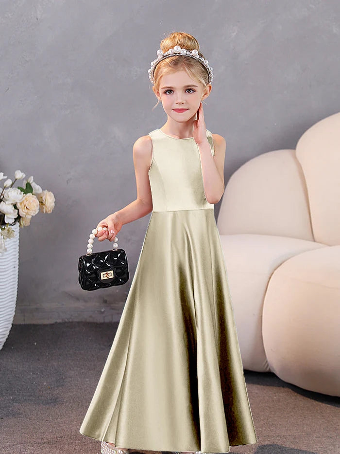 Girls Birthday Dresses Simple Sleeveless Satin Floor-Length Junior Bridesmaid Dress Gidiondress Champagne 12M
