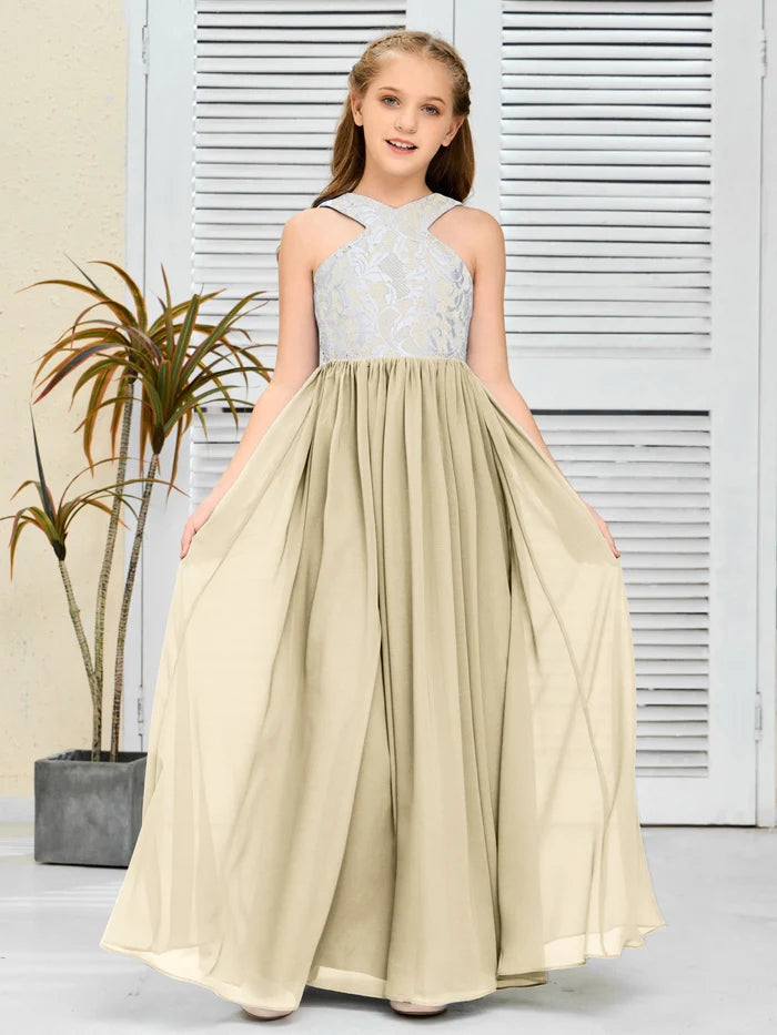 Halter Floor-Length Satin/Chiffon/Lace Junior Bridesmaid Dress/Girls Birthday Dresses Gidiondress