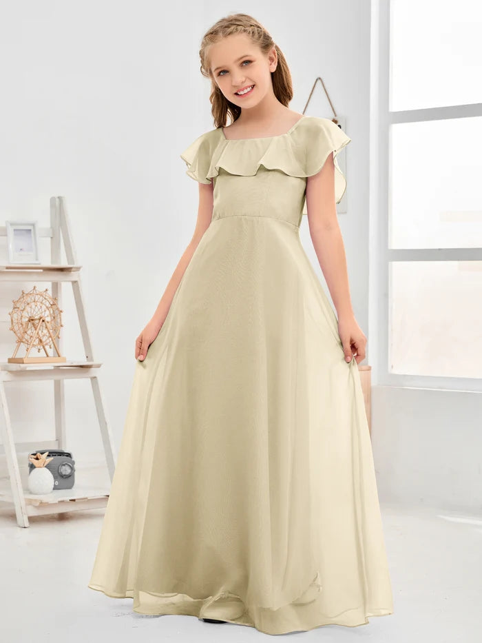 A-Line Square Flutter straps Simple Floor-Length Lilac Chiffon Junior Bridesmaid Dress/Girls Birthday Dresses Gidiondress