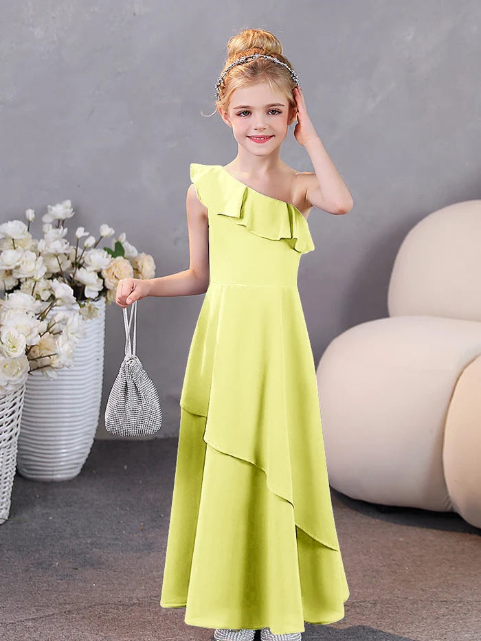 Girls Birthday Dresses Graceful One-Shoulder Sleeveless Chiffon Floor-Length Junior Bridesmaid Dress/Party Dresses With Ruffled Hem Gidiondress Daffodil 12M