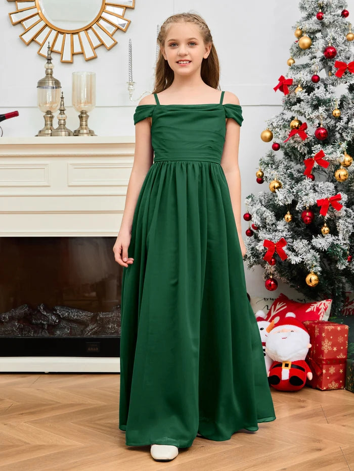 A-Line Floor-Length Chiffon Cold Shoulder Junior Bridesmaid Dress/Girls Birthday Dresses With Cape Gidiondress