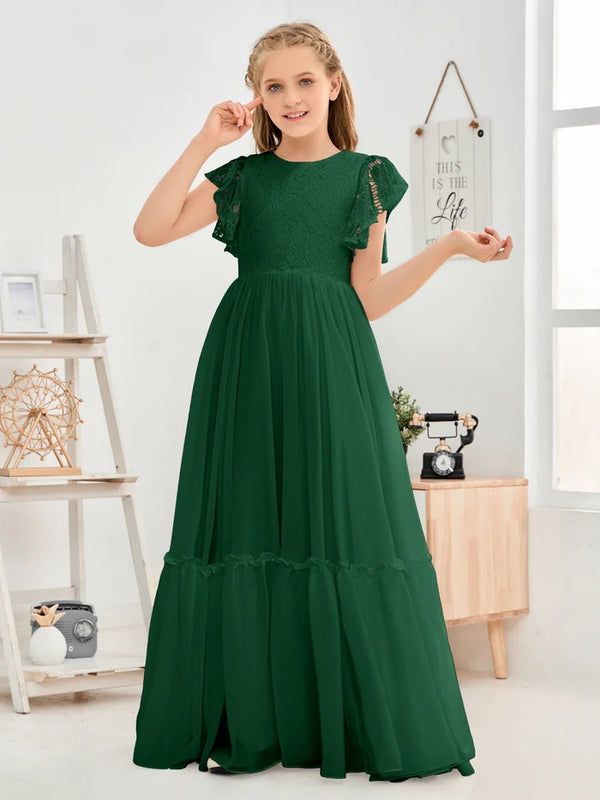 A-Line Scoop Neck Flutter straps Floor-Length Lace/Chiffon Junior Bridesmaid Dress/First Communion Dress With Lace Girls Gidiondress