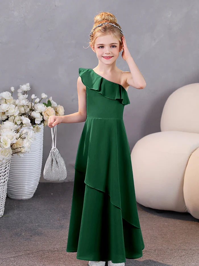 Girls Birthday Dresses One-Shoulder Sleeveless Chiffon Floor-Length Graceful Junior Bridesmaid Dress/Party Dresses With Ruffled Hem Gidiondress