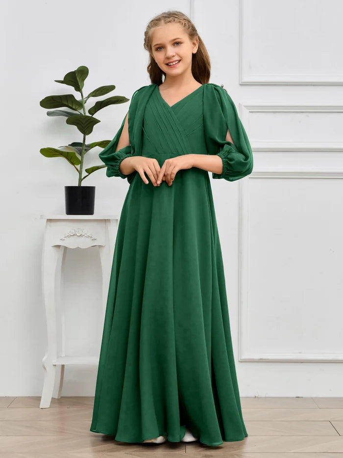 A-line V-Neck Floor-Length Chiffon Junior Bridesmaid Dresses Gidiondress