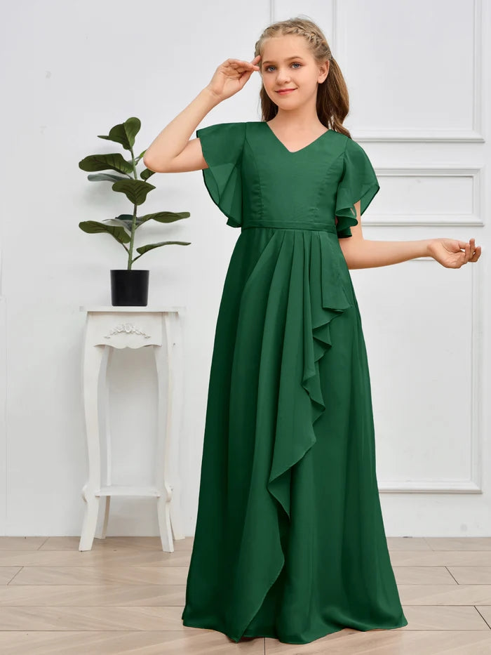 V-Neck Flutter straps Floor-Length Chiffon Junior Bridesmaid Dress/Girls Birthday Dresses Gidiondress