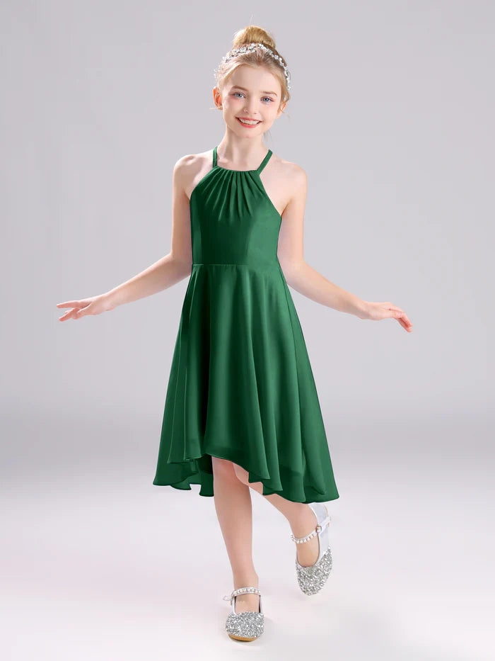 Girls Birthday Dresses Halter Spaghetti Straps Chiffon Asymmetrical Knee-Length Junior Bridesmaid Dress/Party Dresses With Pleated Gidiondress