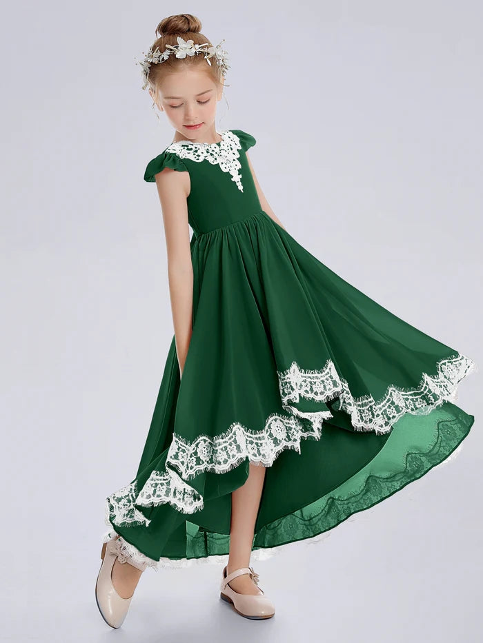 Asymmetrical Cap Sleeve Scoop Neck Cute Ankel-Length Lace/Chiffon Junior Bridesmaid Dress With Appliques Gidiondress