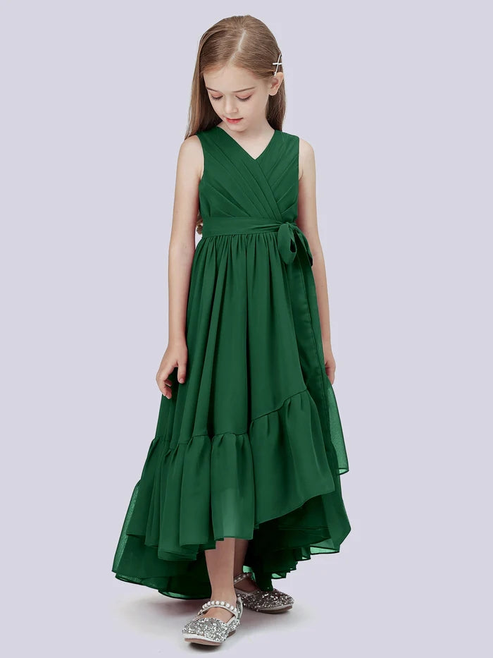 Asymmetrical Chiffon Junior Bridesmaid Dress/Girls Birthday Dresses With Pleated/Belt/Ruffled Gidiondress