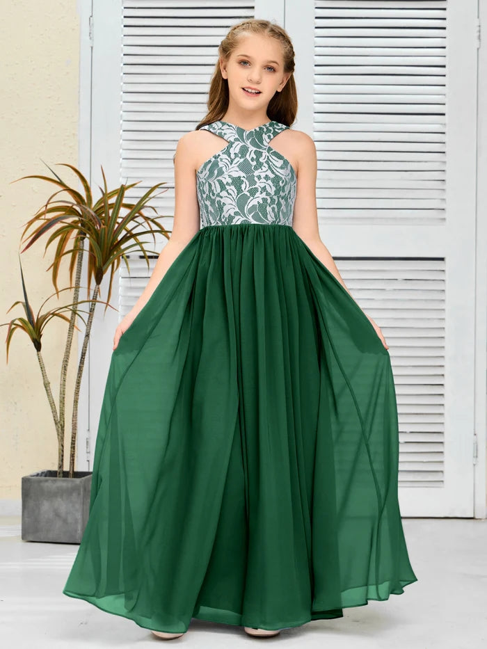 Halter Floor-Length Satin/Chiffon/Lace Junior Bridesmaid Dress/Girls Birthday Dresses Gidiondress