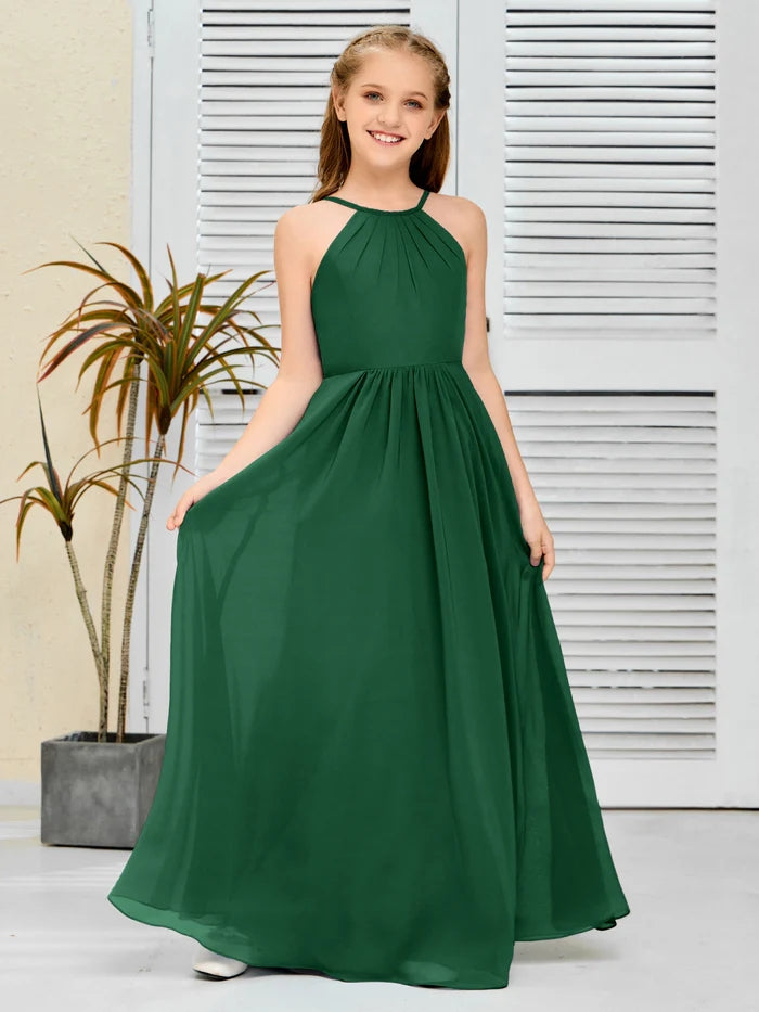 Halter Floor-Length Chiffon Simple Junior Bridesmaid Dress/Girls dress Gidiondress