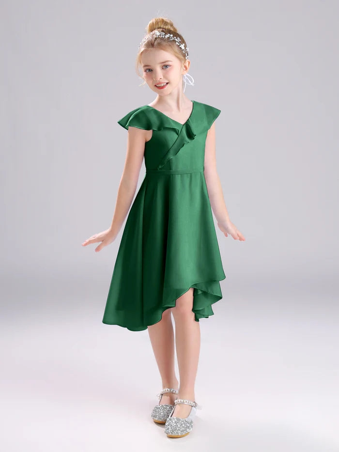 Girls Birthday Dresses V-Neck Cape Chiffon Asymmetrical Junior Bridesmaid Dress/Party Dresses With Belt Girls Gidiondress