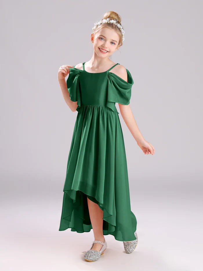 Girls Birthday Dresses Cold Shoulder Flutter Straps Chiffon Asymmetrical Junior Bridesmaid Dress/Party Dresses With Pleated Gidiondress