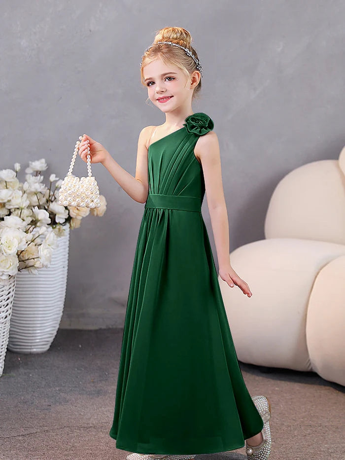 One-Shoulder Chiffon Floor-Length Junior Bridesmaid Dress/Party Dresses Gidiondress Dark Green 12M