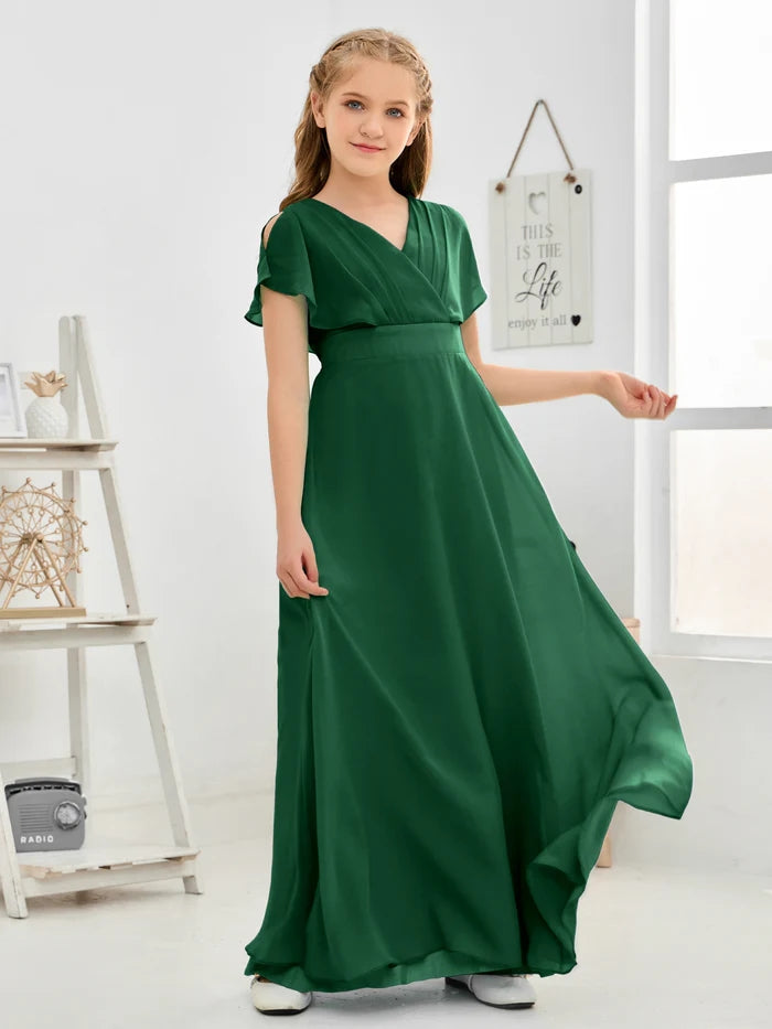 A-line V-Neck Floor-Length Chiffon Junior Bridesmaid Dress Gidiondress