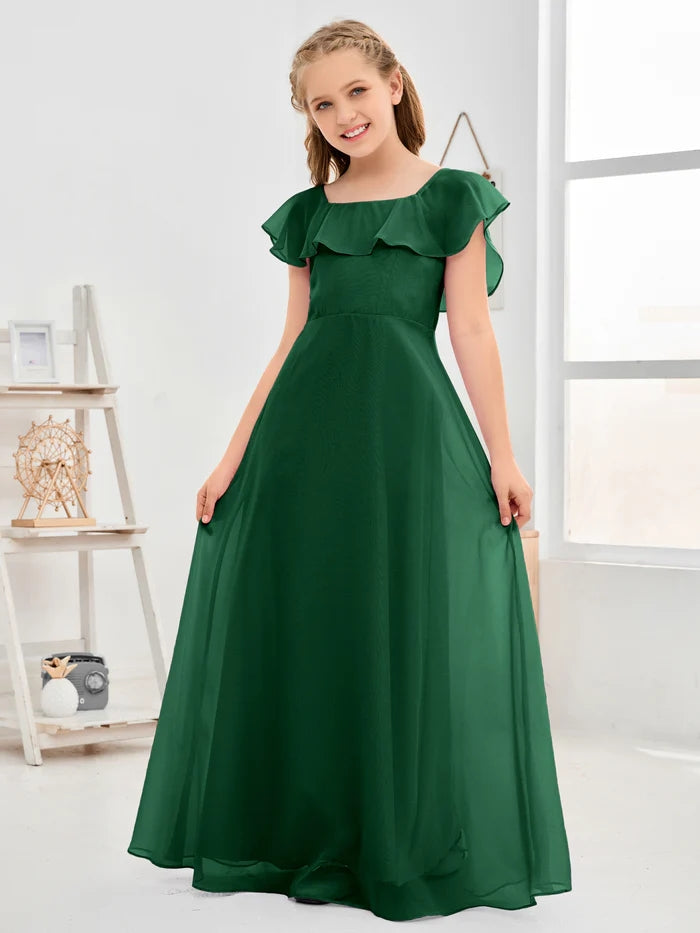 A-Line Square Flutter straps Simple Floor-Length Lilac Chiffon Junior Bridesmaid Dress/Girls Birthday Dresses Gidiondress