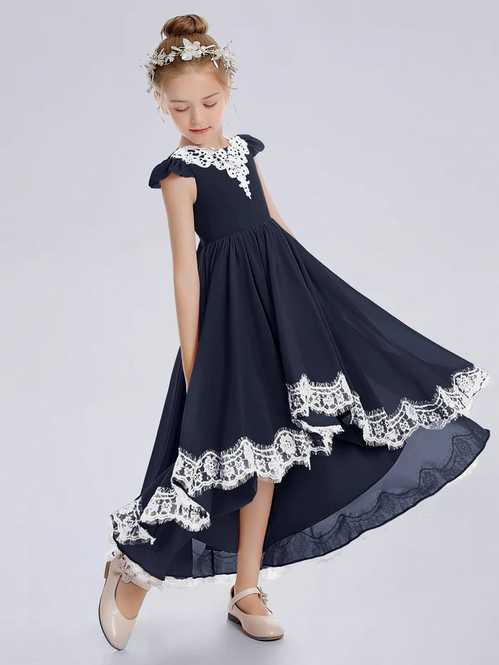 Asymmetrical Cap Sleeve Scoop Neck Cute Ankel-Length Lace/Chiffon Junior Bridesmaid Dress With Appliques Gidiondress