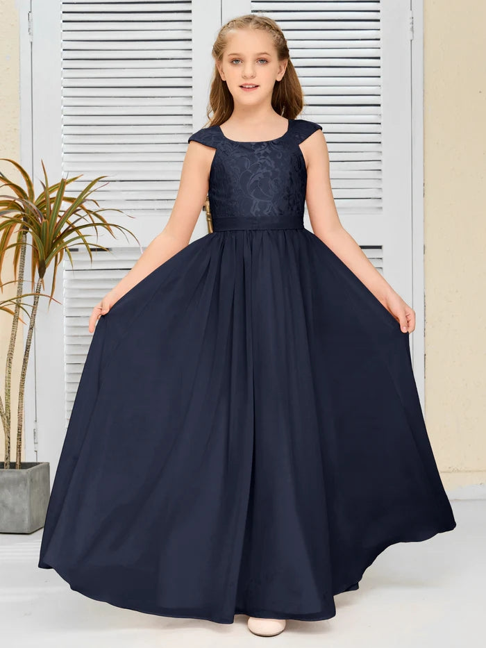 Floor-Length Pearl Pink Chiffon/Lace Junior Bridesmaid Dress/Girls dress Gidiondress Navy Blue 12M