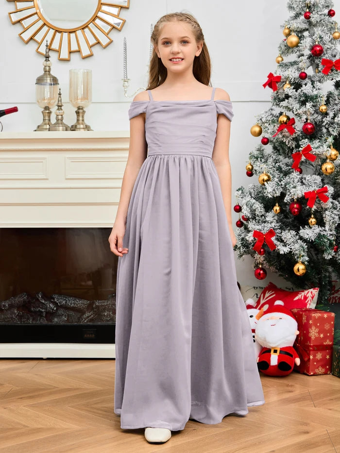 A-Line Floor-Length Chiffon Cold Shoulder Junior Bridesmaid Dress/Girls Birthday Dresses With Cape Gidiondress