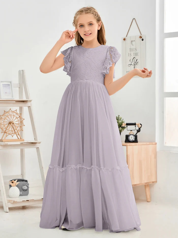 A-Line Scoop Neck Flutter straps Floor-Length Lace/Chiffon Junior Bridesmaid Dress/First Communion Dress With Lace Girls Gidiondress