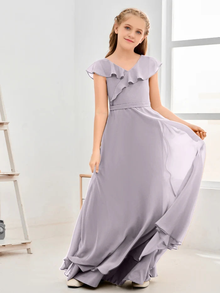 Floor-Length Chiffon Asymmetrical Junior Bridesmaid Dress/Girls Dress Gidiondress