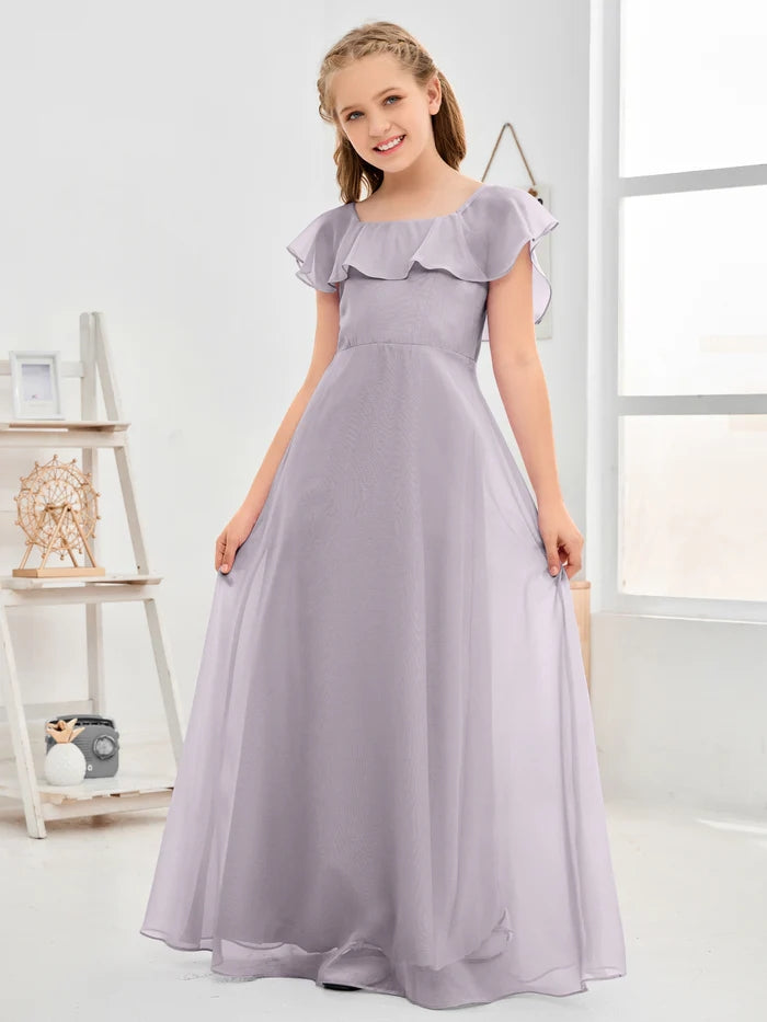 A-Line Square Flutter straps Simple Floor-Length Lilac Chiffon Junior Bridesmaid Dress/Girls Birthday Dresses Gidiondress