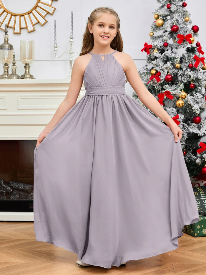 Halter A-Line Classic Floor-Length Chiffon Girls Birthday Dresses/Junior Bridesmaid Dress With Pleated/Belt Gidiondress