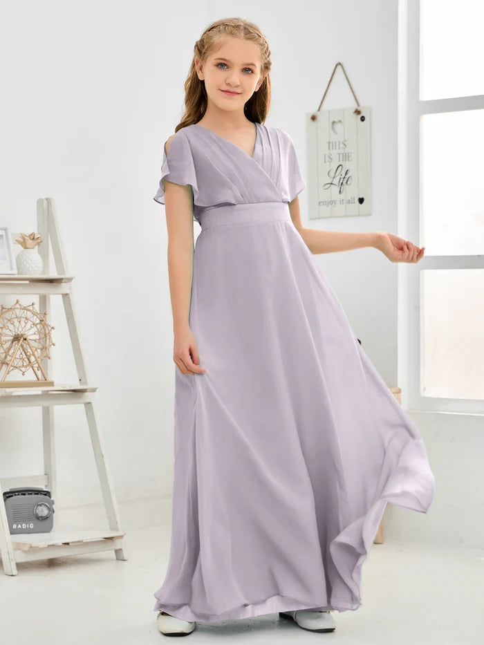 A-line V-Neck Floor-Length Chiffon Junior Bridesmaid Dress Gidiondress