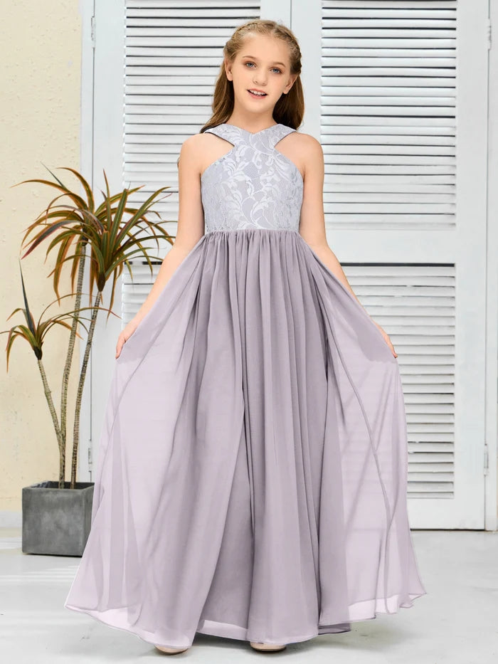 Halter Floor-Length Satin/Chiffon/Lace Junior Bridesmaid Dress/Girls Birthday Dresses Gidiondress