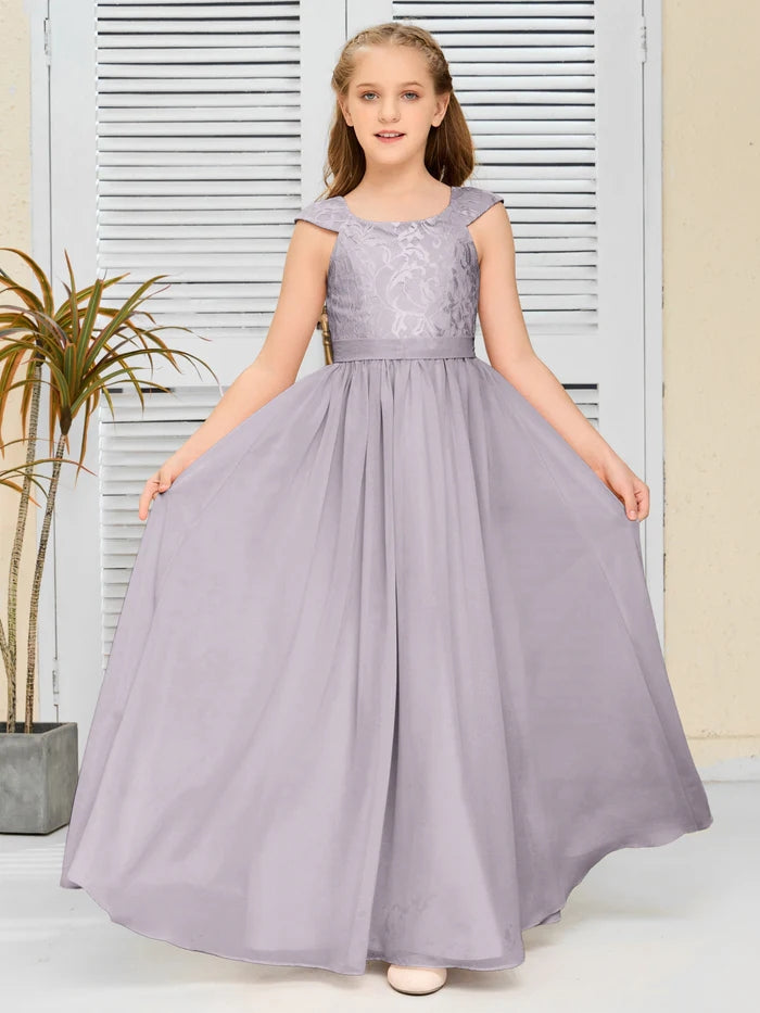 Floor-Length Pearl Pink Chiffon/Lace Junior Bridesmaid Dress/Girls dress Gidiondress Dusk 12M