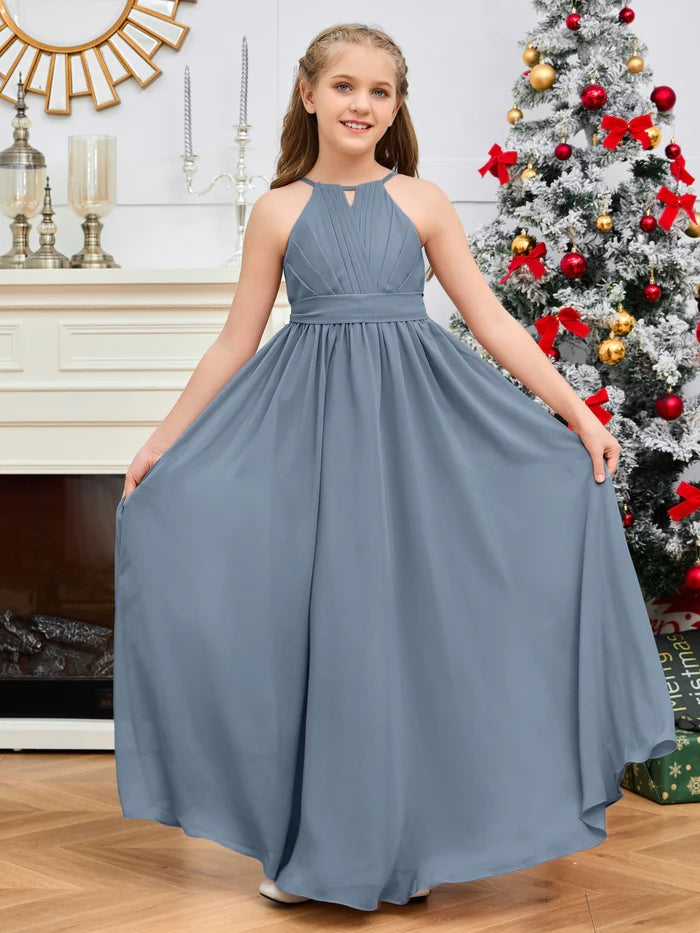 Halter A-Line Classic Floor-Length Chiffon Girls Birthday Dresses/Junior Bridesmaid Dress With Pleated/Belt Gidiondress