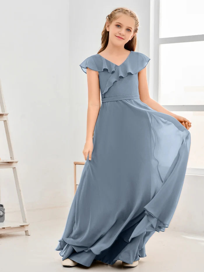 Floor-Length Chiffon Asymmetrical Junior Bridesmaid Dress/Girls Dress Gidiondress