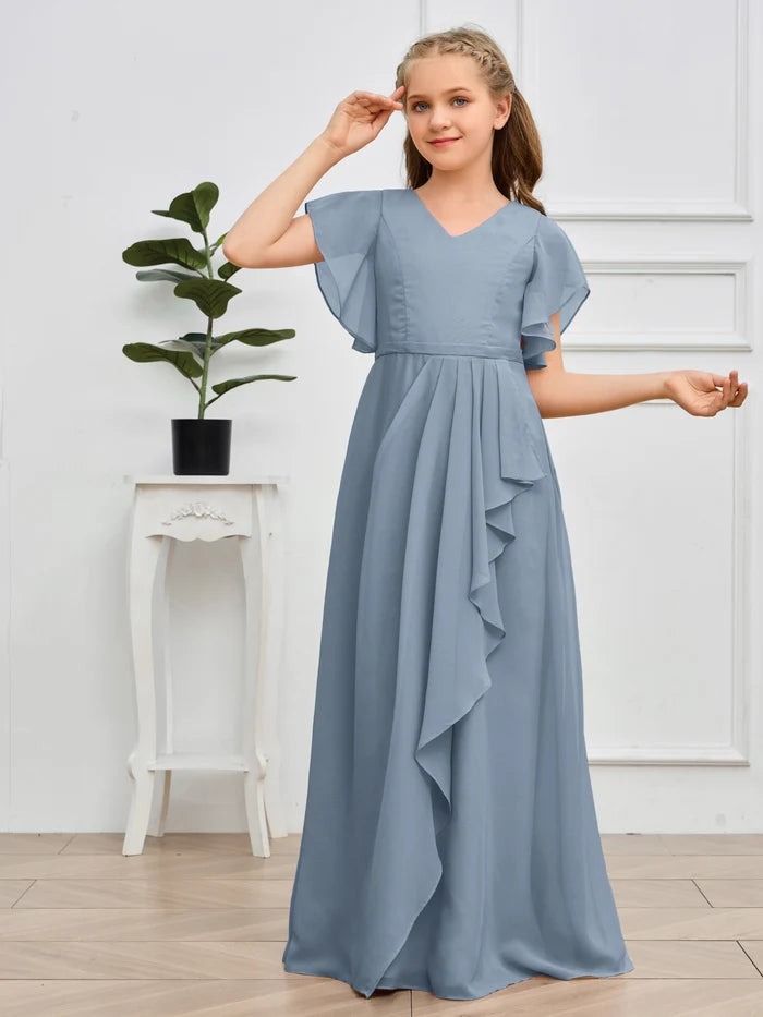 V-Neck Flutter straps Floor-Length Chiffon Junior Bridesmaid Dress/Girls Birthday Dresses Gidiondress