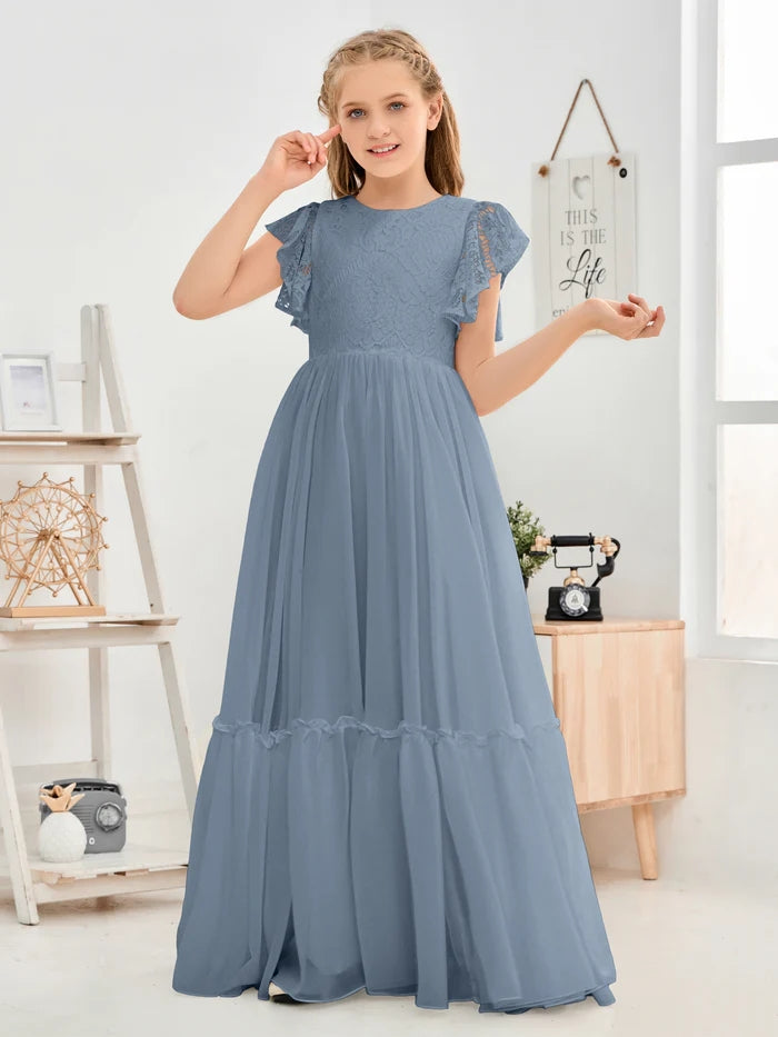 A-Line Scoop Neck Flutter straps Floor-Length Lace/Chiffon Junior Bridesmaid Dress/First Communion Dress With Lace Girls Gidiondress
