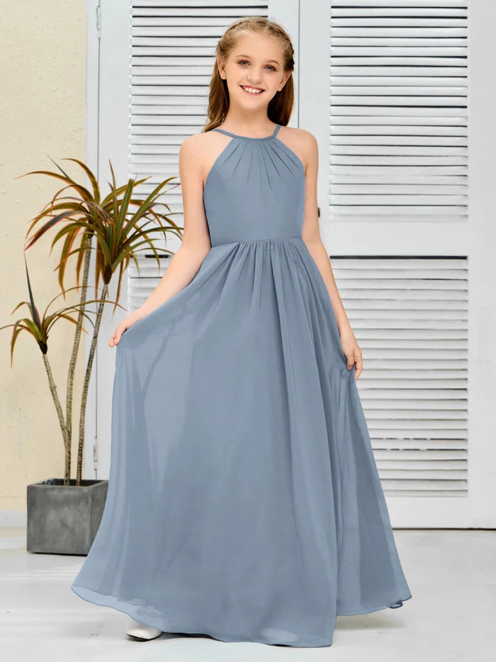 Halter Floor-Length Chiffon Simple Junior Bridesmaid Dress/Girls dress Gidiondress