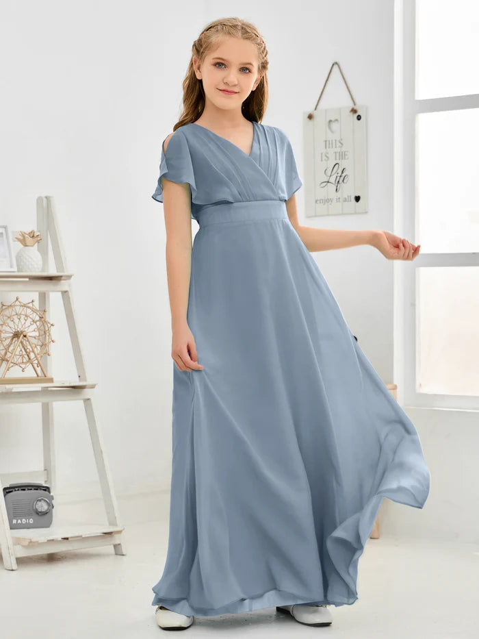 A-line V-Neck Floor-Length Chiffon Junior Bridesmaid Dress Gidiondress Dusty Blue 12M