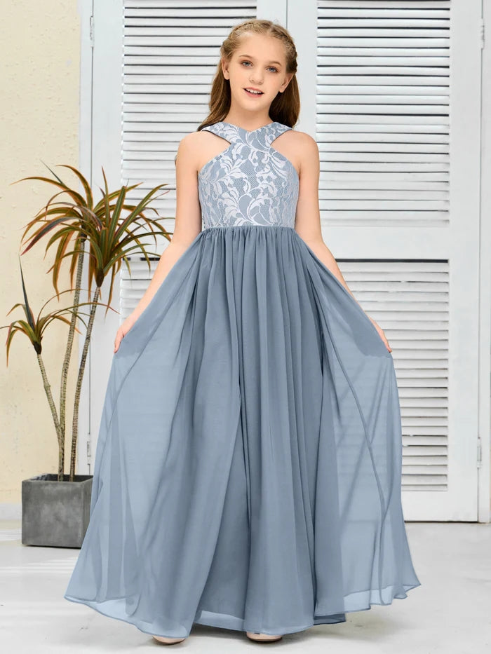 Halter Floor-Length Satin/Chiffon/Lace Junior Bridesmaid Dress/Girls Birthday Dresses Gidiondress