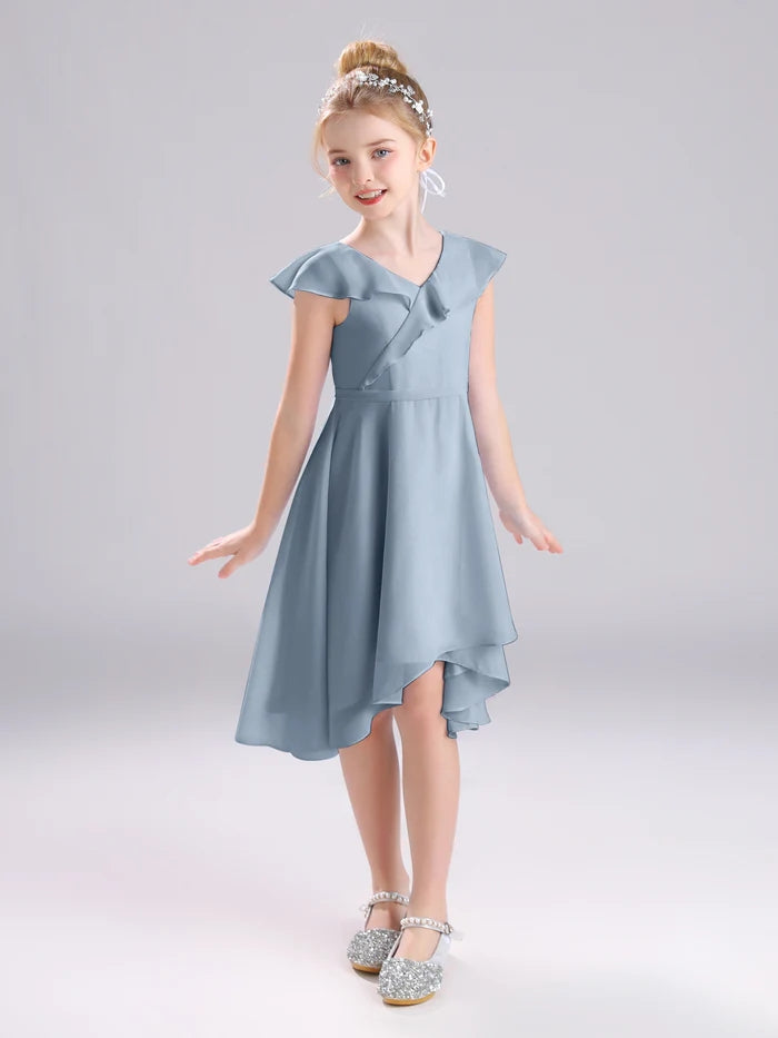 Girls Birthday Dresses V-Neck Cape Chiffon Asymmetrical Junior Bridesmaid Dress/Party Dresses With Belt Girls Gidiondress