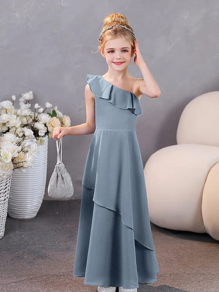 Girls Birthday Dresses One-Shoulder Sleeveless Chiffon Floor-Length Graceful Junior Bridesmaid Dress/Party Dresses With Ruffled Hem Gidiondress