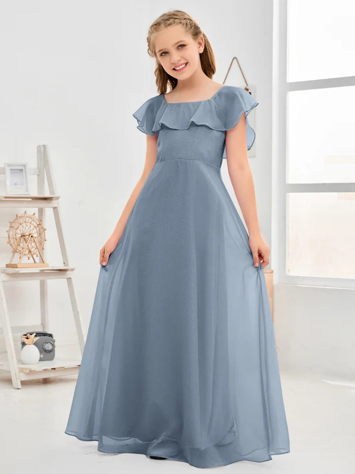 A-Line Square Flutter straps Simple Floor-Length Lilac Chiffon Junior Bridesmaid Dress/Girls Birthday Dresses Gidiondress