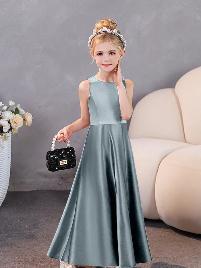 Girls Birthday Dresses Simple Sleeveless Satin Floor-Length Junior Bridesmaid Dress Gidiondress