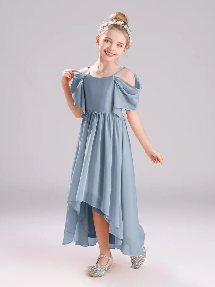 Girls Birthday Dresses Cold Shoulder Flutter Straps Chiffon Asymmetrical Junior Bridesmaid Dress/Party Dresses With Pleated Gidiondress