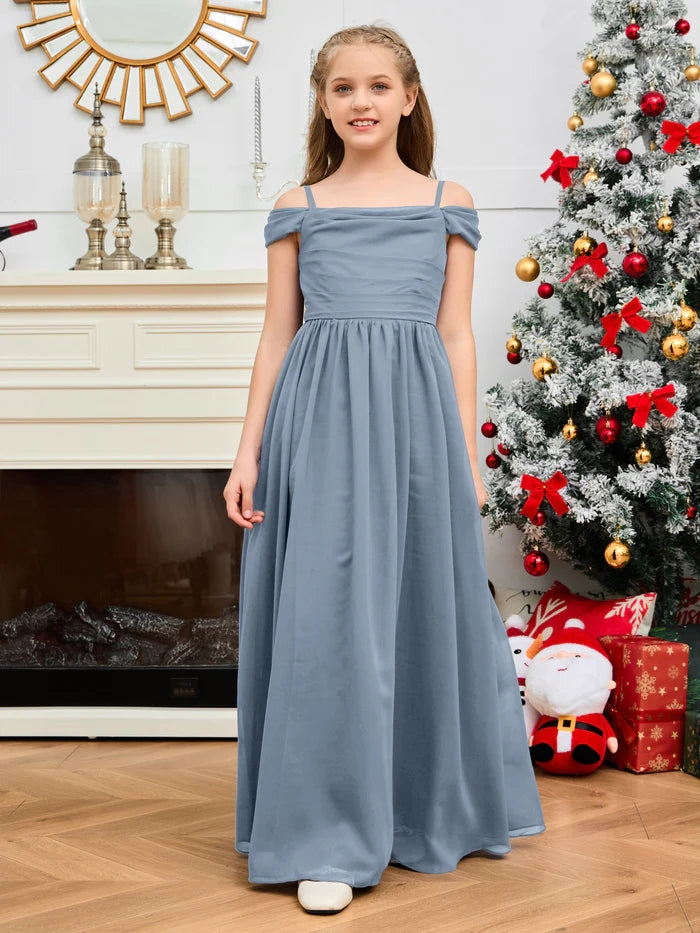 A-Line Floor-Length Chiffon Cold Shoulder Junior Bridesmaid Dress/Girls Birthday Dresses With Cape Gidiondress