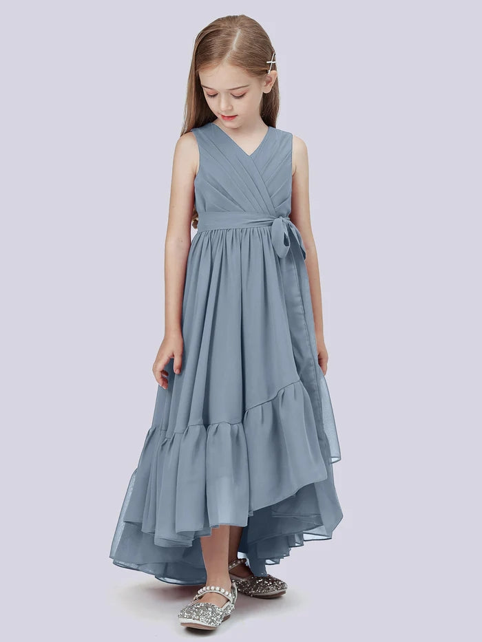 Asymmetrical Chiffon Junior Bridesmaid Dress/Girls Birthday Dresses With Pleated/Belt/Ruffled Gidiondress